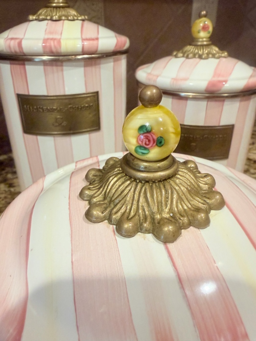 Rare & retired! Mackenzie Childs Bathing Hut canister set Pink White Stripe - Picture 2 of 5